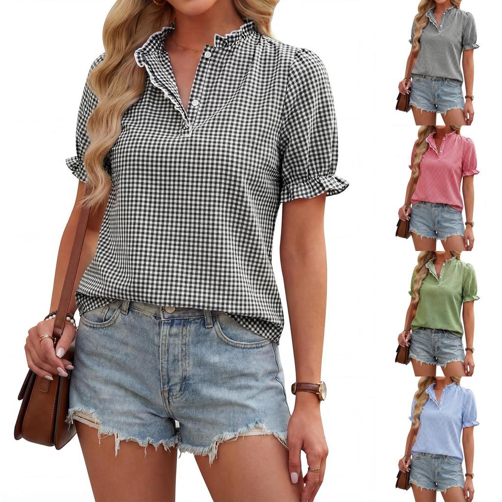 Womens Short Sleeve Shirt Ruffle Collar Button Down Plaid Checkered Blouse Lightweight Casual Top