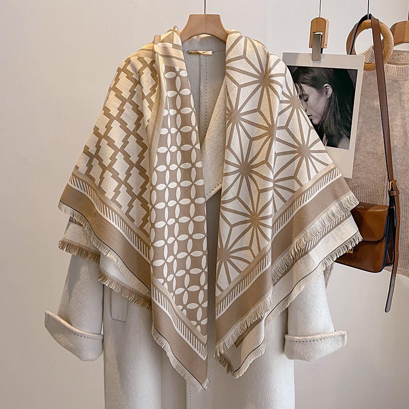Luxury  Cashmere Scarf For Women - Winter Geometric Printed Tasseled Shawl, Pashmina Wrap & Bandana Poncho