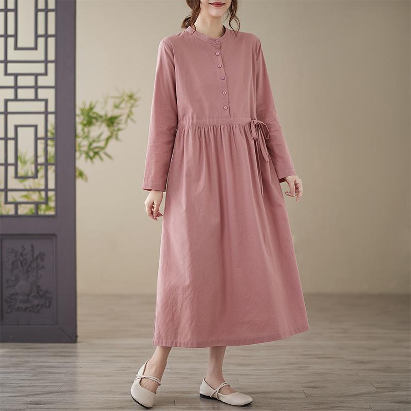 

Большие размеры Женские весенние свободные хлопковые льняные платья Осеннее платье с длинным рукавом Розовое XXL