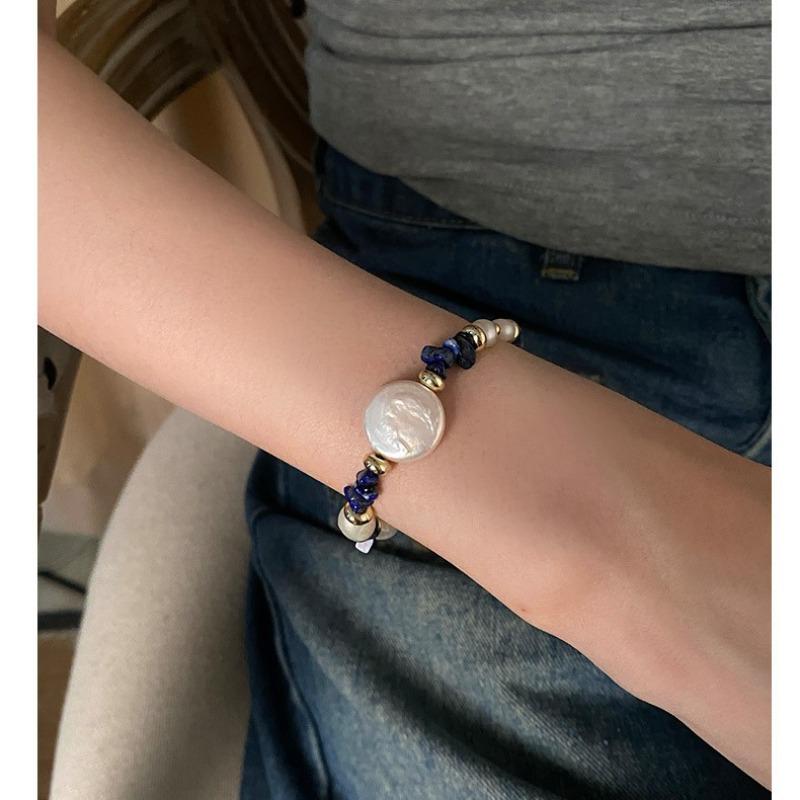 18K Real Gold Copper Chain Exquisite Irregular Natural Stone Lapis Lazuli Freshwater Pearl Beads Beaded Necklace for Women
