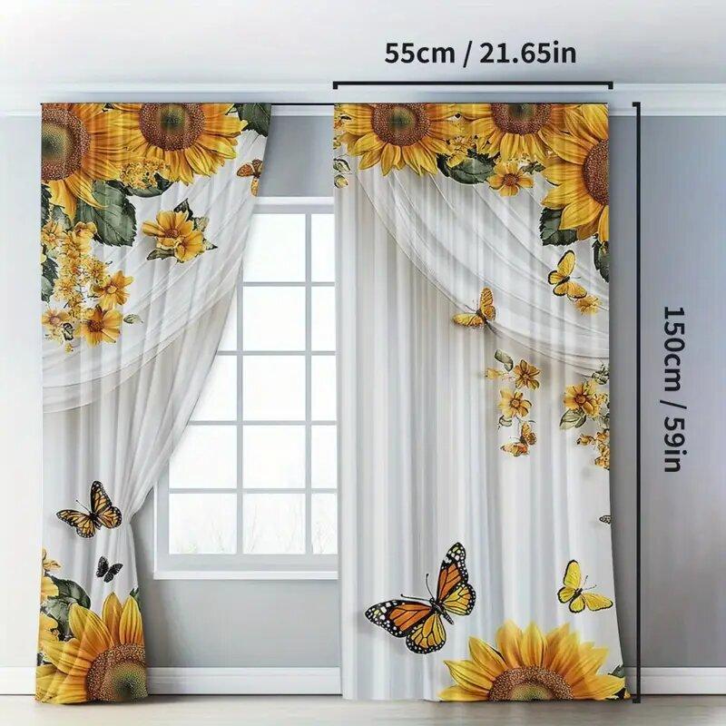 Retro Sunflowers And Butterflies - Pole Bag Curtains, Bedroom And Kitchen Decoration, Home Decoration, Living Room Decoration