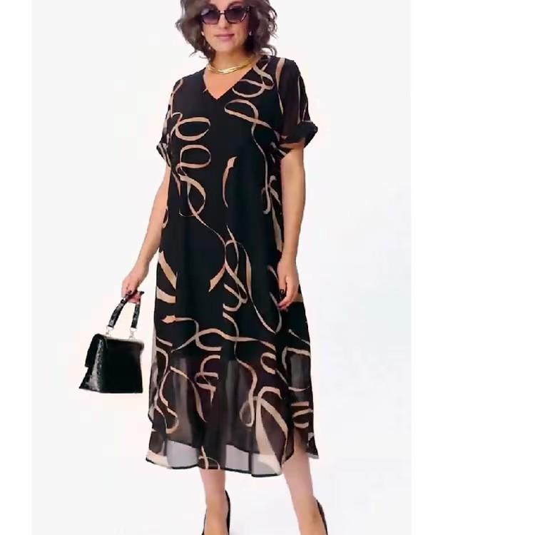 European & American Elegant V-neck Print Dress, Plus Size, Mid-length, 2025 Fashion. 5XL