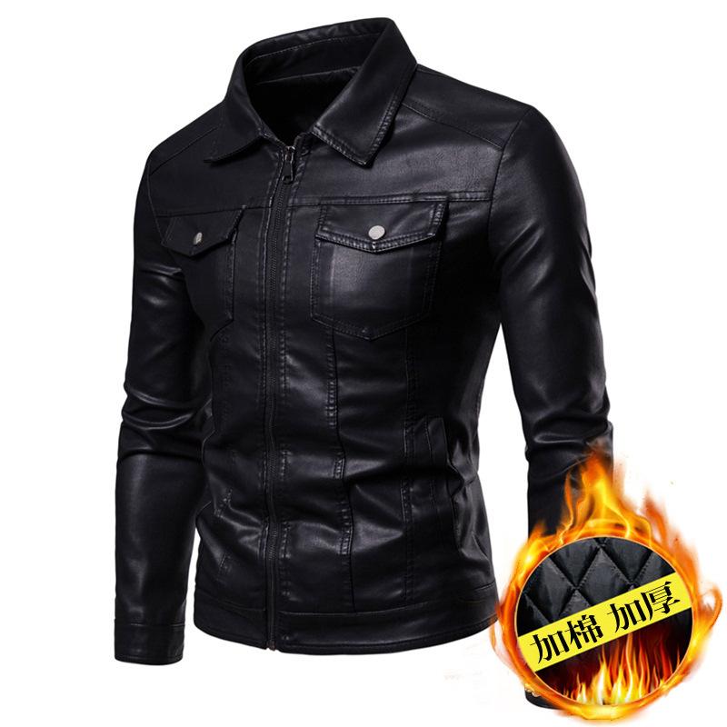 Leather jacket men's lapel neck cotton thickened men's thermal clothing cotton padded men's motorcycle fleece leather jacket tide