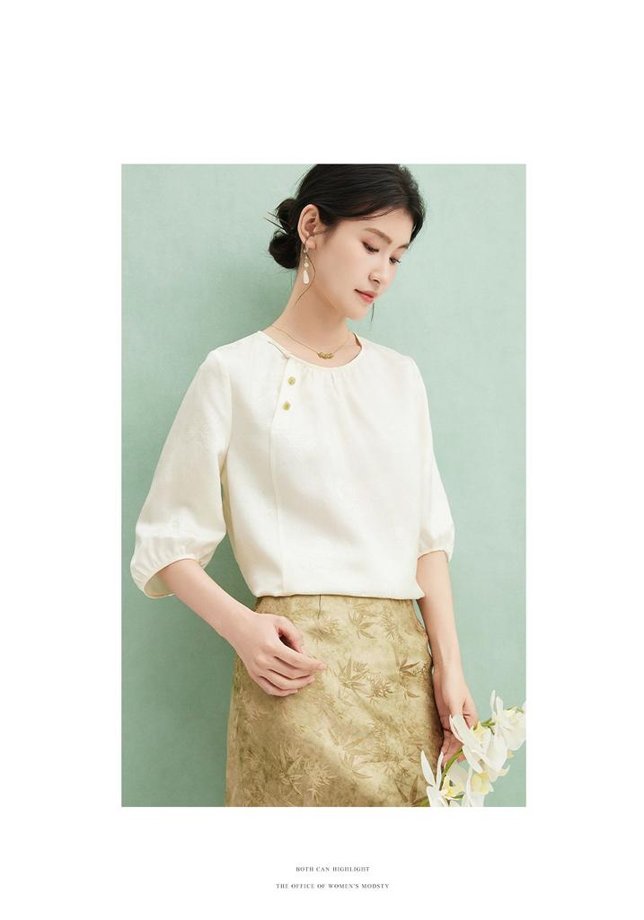 Mulberry Silk 100% [24mm Jacquard Bamboo Knot Flower Ivy] Round Neck Slanted Collar Butterfly Jacquard Shirt Summer