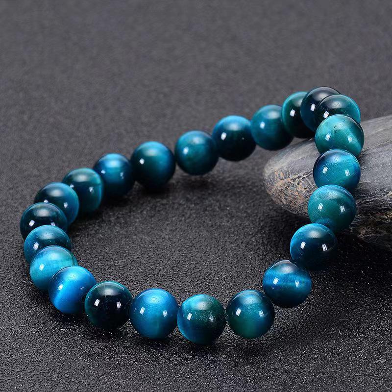 Blue Tiger's Eye Stone Men's Bracelet - Single Strand Cat's Eye Natural Hawk's Eye Stone.