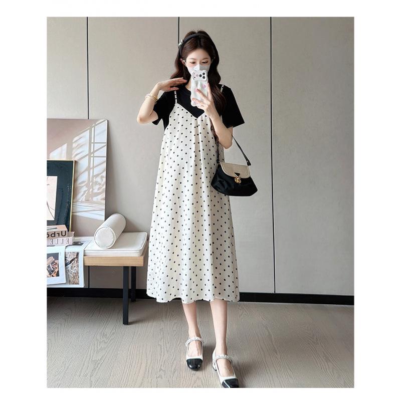 Elegant Plus Size Patchwork Maternity Dress - Summer Slimming Fake Two-Piece for Petite Women Extra Large