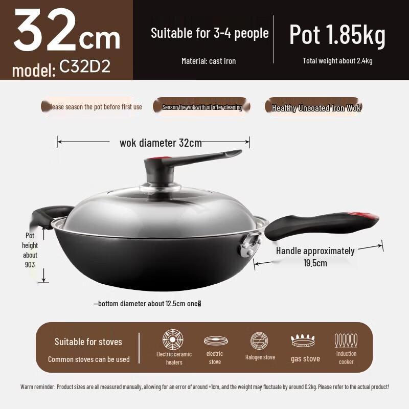 COOKER KING 32cm Cast Iron Non-Coated Stir-Fry Wok