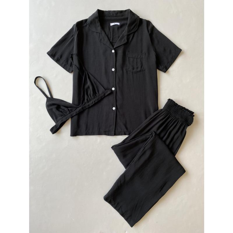 Pajamas Women's Spring and Autumn Short-sleeved Cardigan Homewear Three-piece Set Sleeping Suits