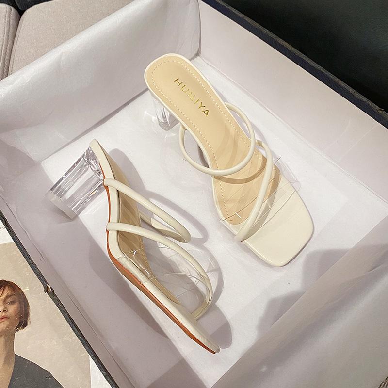 

Transparent cool slippers summer wear 2025 new square head high heel crystal medium heel thick heel sandals women X189-17 37 абрикосовий