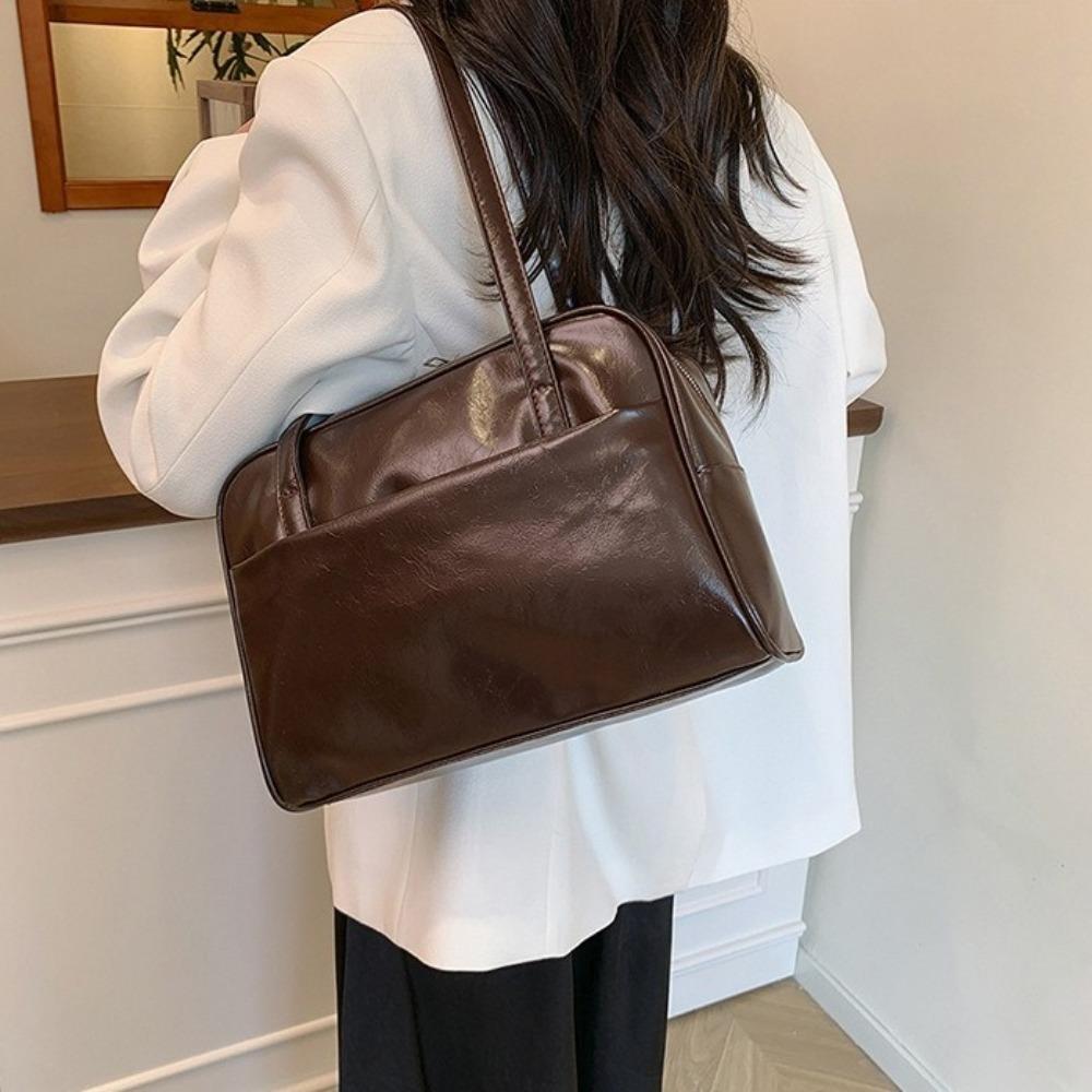 Solid Color Pu Leather Tote Bag Large Capacity Women's Handbag Fashion Boston Shoulder Bag Girls