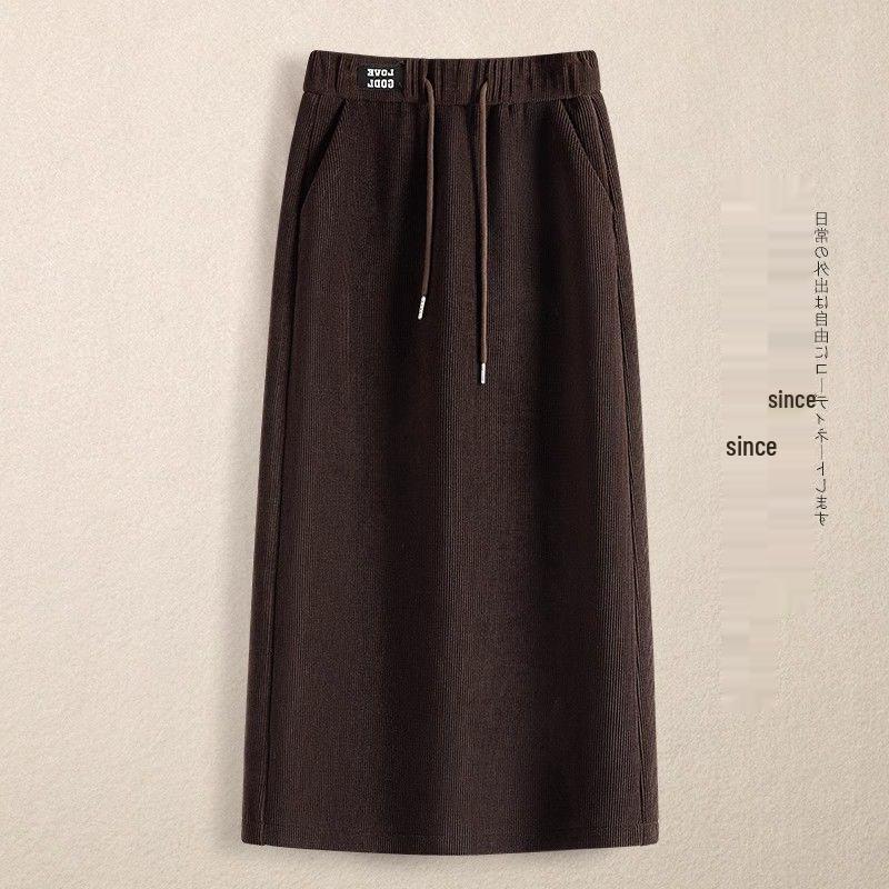 Women's Plus Velvet High Waist Midi Skirt - A-Line, Drawstring Elastic Waist, Straight Hem, Hip-Hugging, Autumn/Winter 2025