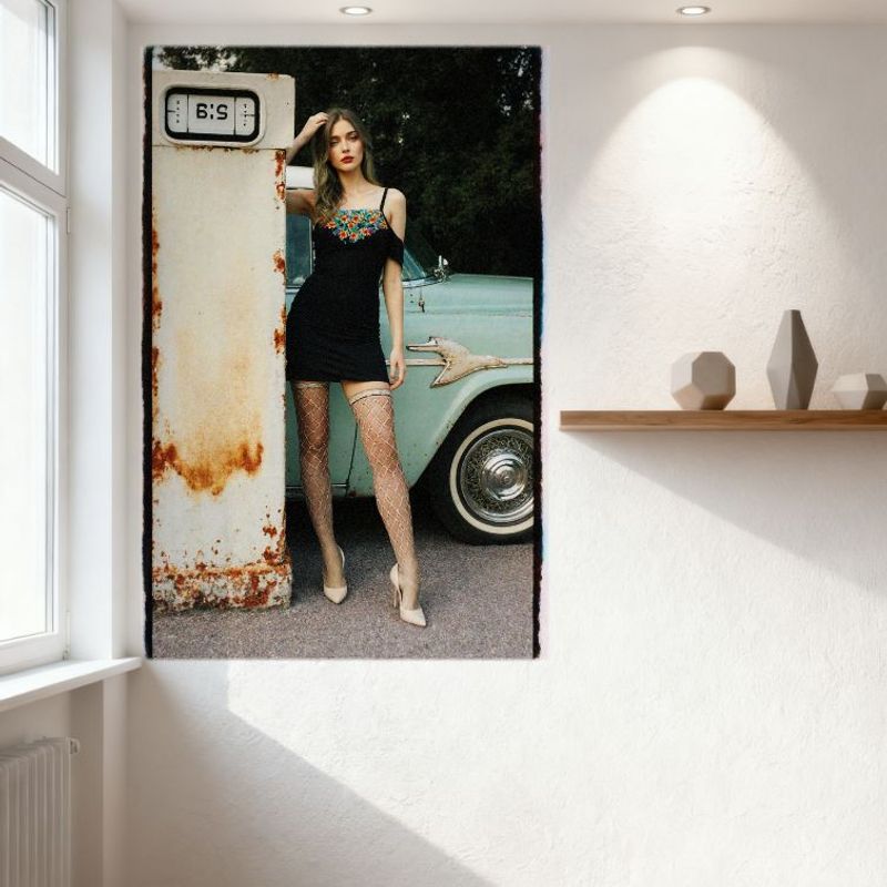 Sexy Woman Vintage Car Gas Pump Retro Tin Sign, Rustic Nostalgic Metal Poster for Bar Pub Home Wall Decor, 8x12 Inch Aged Art Ti