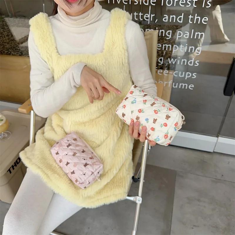 1 Piece Ins Sweet Pencil Case for Student Cartoon Bear Floral Bunny Makeup Bag Portable Large Capacity Stationery Storage Bag