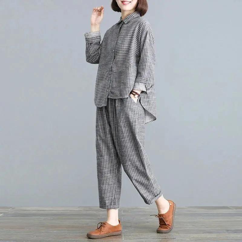 Retro Ladies Fashion Cotton Linen Two Piece Set Female Loose Stripe Tops Trousers Spring Autumn Women Long Sleeves Outfit