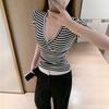 Pure and Alluring Style, Color-blocking Striped Deep V-neck Three-quarter Sleeve T-shirt for Women, Summer Sexy and Elegant, Slim Fit, Versatile Waist
