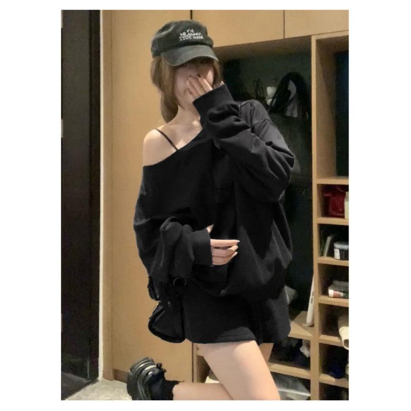 Women S Off Shoulder Loose Mid Length Hoodie Lazy Casual Top