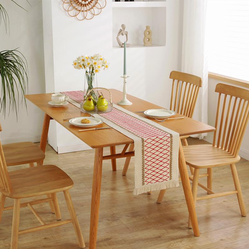 American Cotton Linen Table Runner, Natural Color with Tassels, Stripes, Diamonds, and Plaid Pattern for Dining Table or Sideboard Decoration.