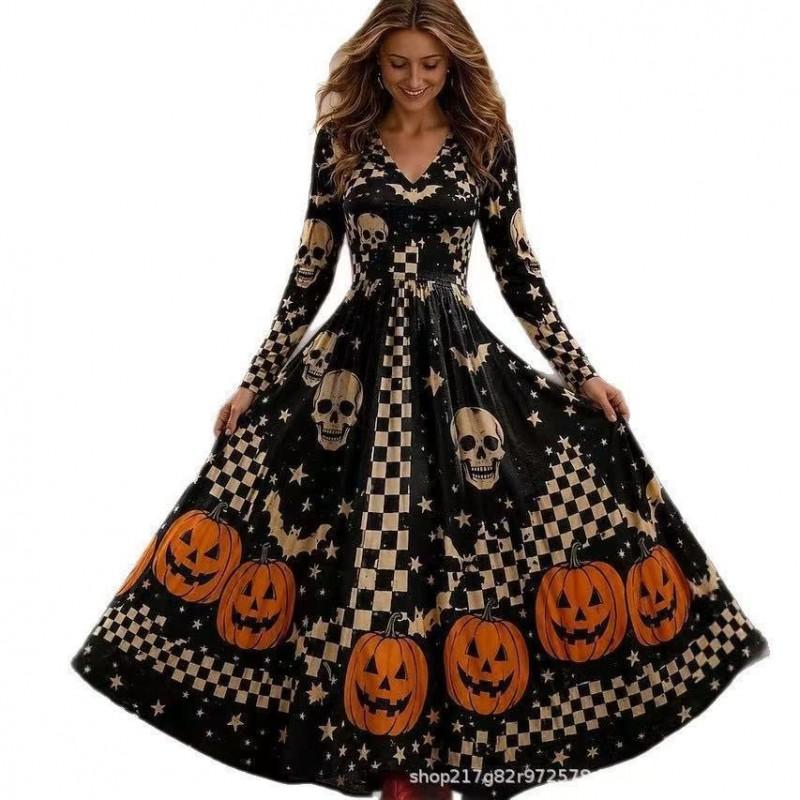 2026 Halloween Womens V-Neck Long Sleeve Maxi Dress With Ghost Pumpkin Witch Print High-Waist Loose Fit Party Gown