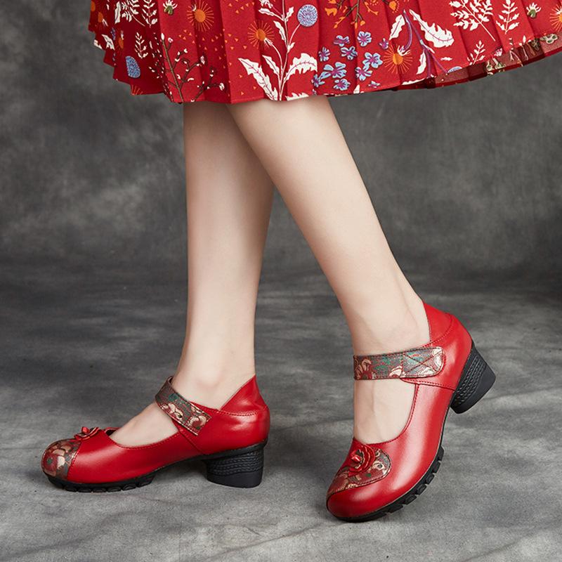 Autumn new women's shoes thick heel soft sole single shoes female mothers wear non-slip cowhide shoes