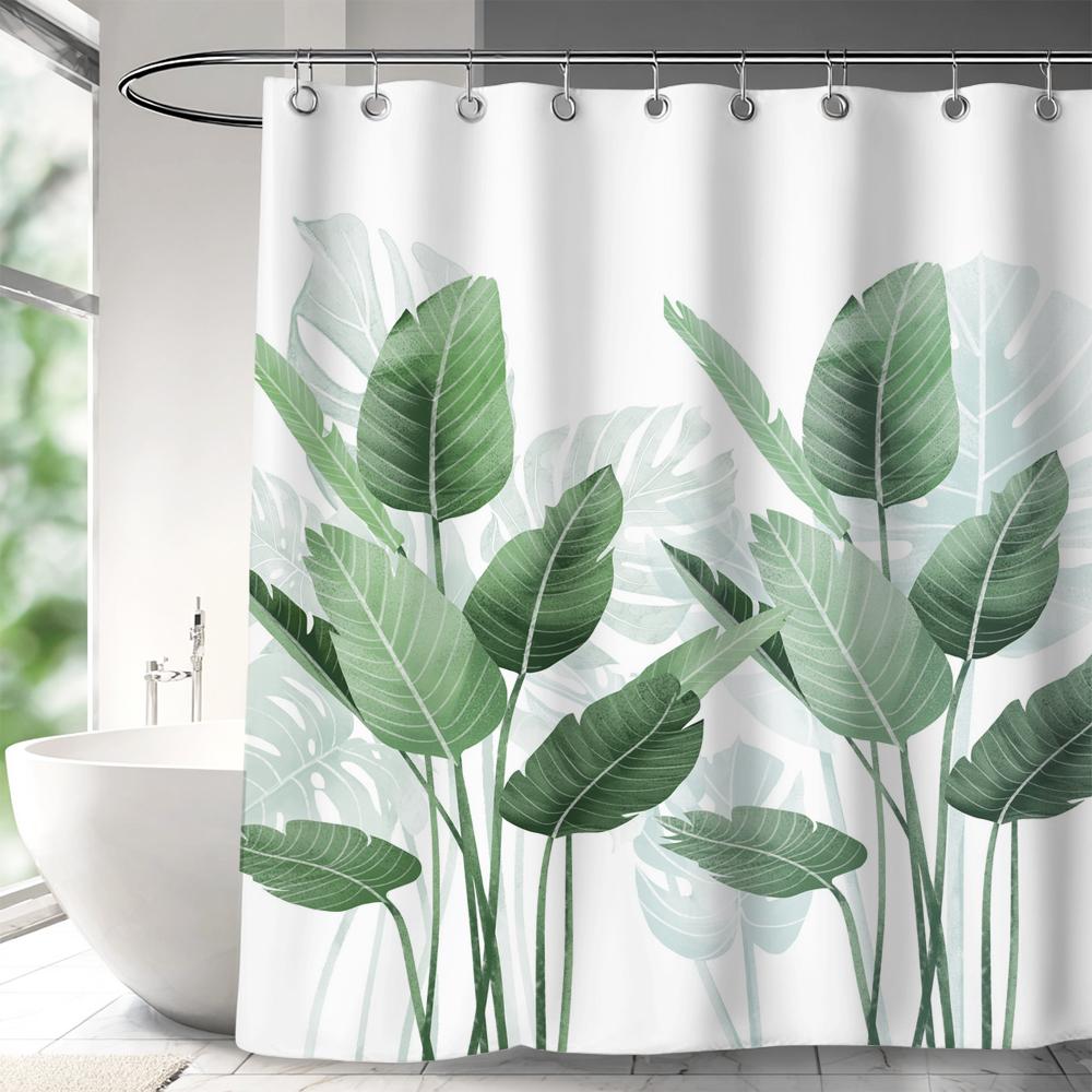 Tropical Leaves Shower Curtains Watercolour Green Palm Leaf Monstera Bath Curtain Black Polyester Home Bathroom Decor with Hooks