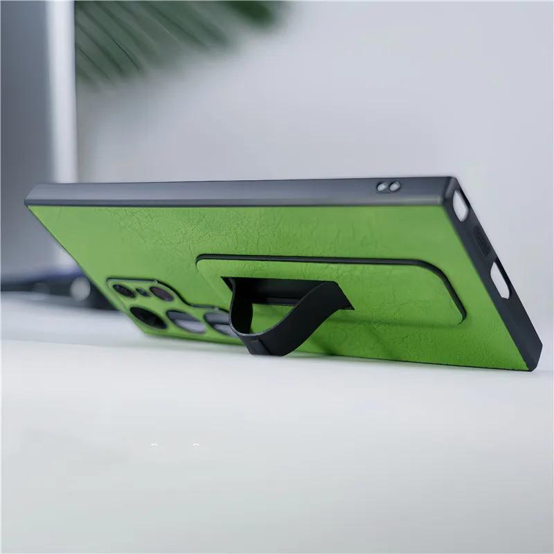 Faux Leather Cover with Invisible Bracket for Samsung Galaxy S24 S23 S22 S21 Ultra Plus + Kickstand Ring Holder Stand Phone Case