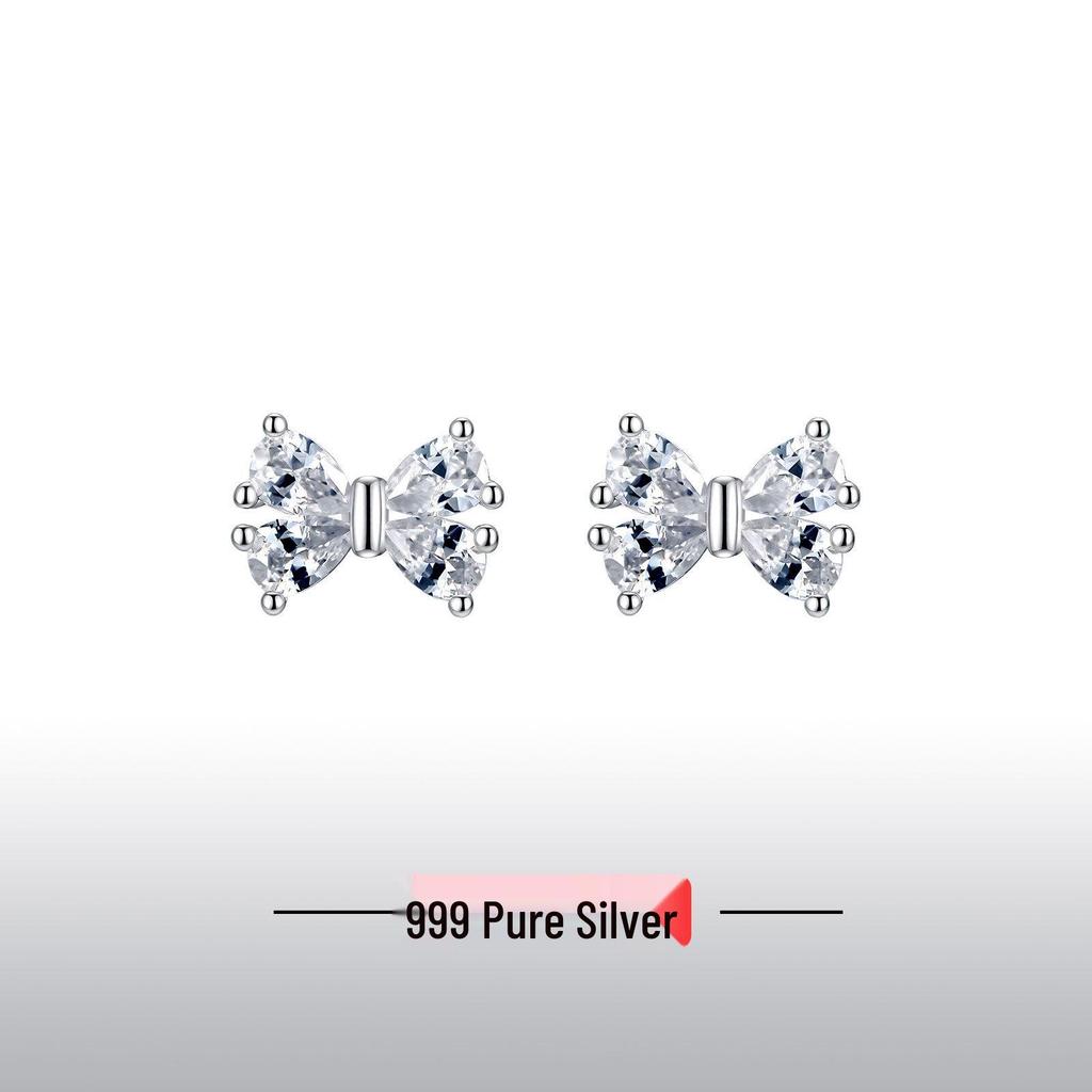S999 Sterling Silver Bow Zirconia Light Luxury Ear Care Versatile Earrings