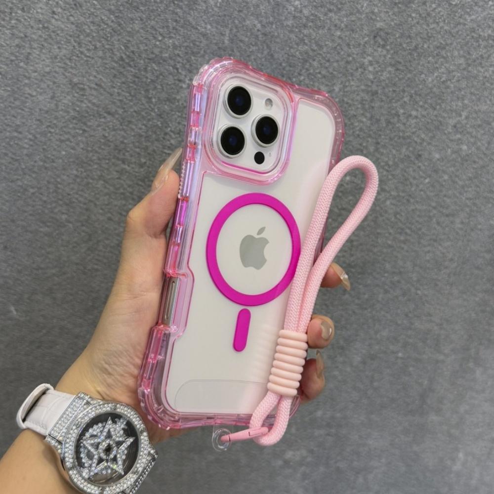 Fashion Candy Colour Clear Case for IPhone 17 Air 16E 15 14 Plus 13 12 11 Pro Max Magnetic Shockproof Wrist Strap Lanyard Cover