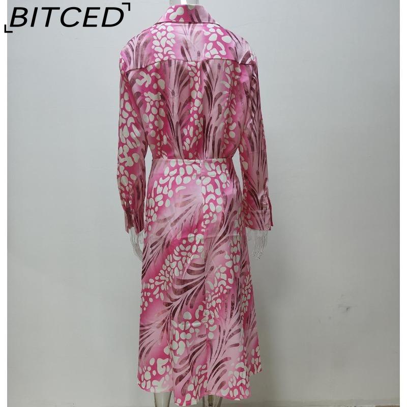 BITCED Damen Sommer Elegant Bedrucktes Hemd mit Kragen und langen Ärmeln und hochtaillierter Rock Mode-Set