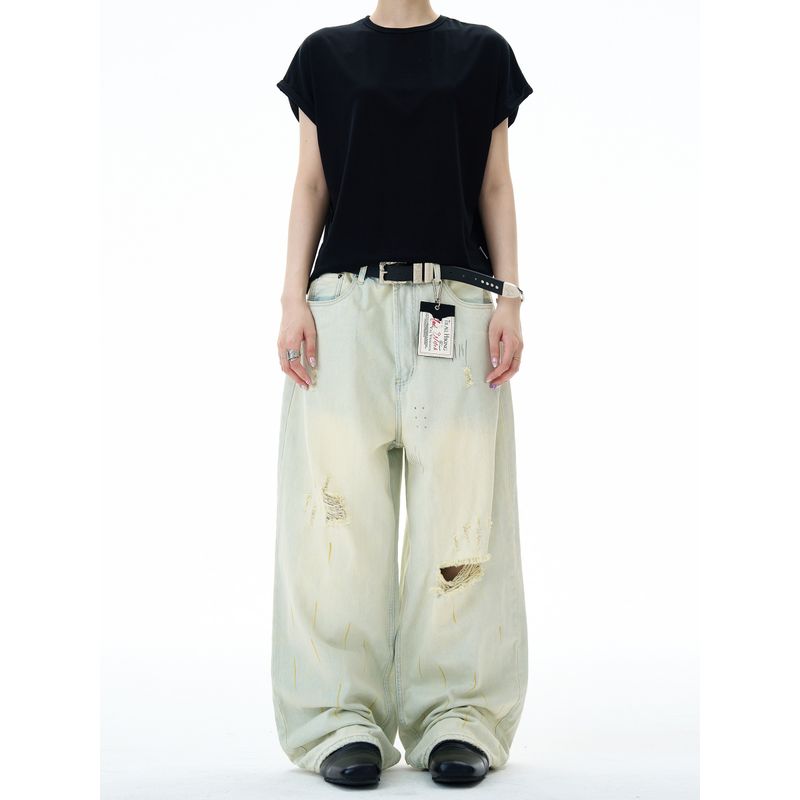 Madwitch American Street Style Post-Apocalyptic Ripped Jeans for Men and Women, Loose Casual Wide-Leg Straight-Leg Distressed Pants