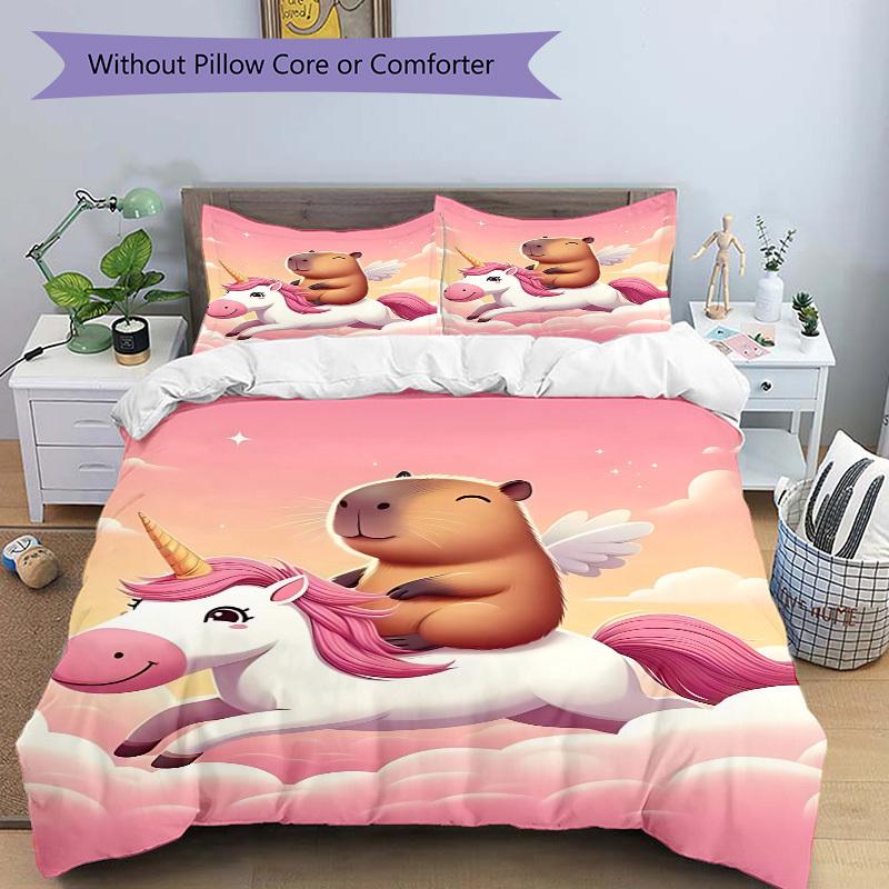 3pcs Unicorn, Capybara Duvet Cover Set - Machine Washable, Includes 1 Cover and 2 Pillowcases, No Core Included yy251013110