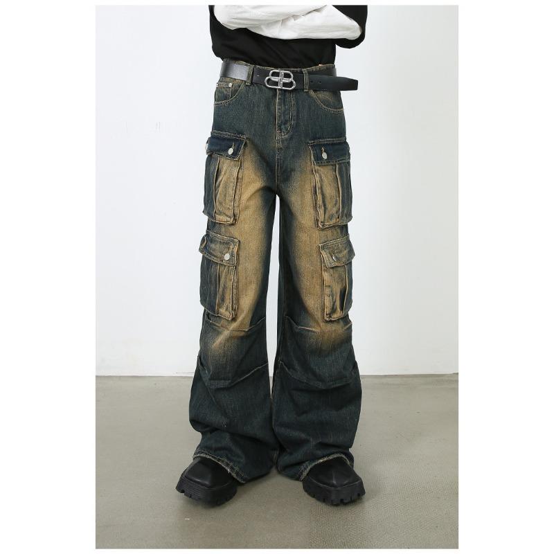 Vintage Overalls Men's Jeans High Street Loose Straight Multi Pockets Wide Leg Pants Straight Loose Jeans for Men Fashionable and Comfortable Pants