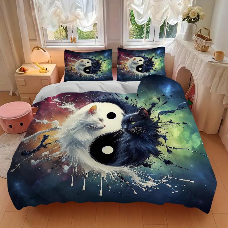3pcs Yin Yang Cat Design Printed Quilt Set - Includes 1 Quilt Cover and 2 Pillowcases, Machine Washable - Suitable for All Seasons.M105