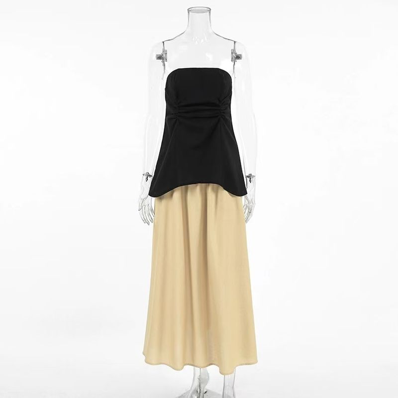 

New French style Cotton Linen Tube Top Vest Skirt Two-piece Set Strapless Top and Skirt Set Suit L