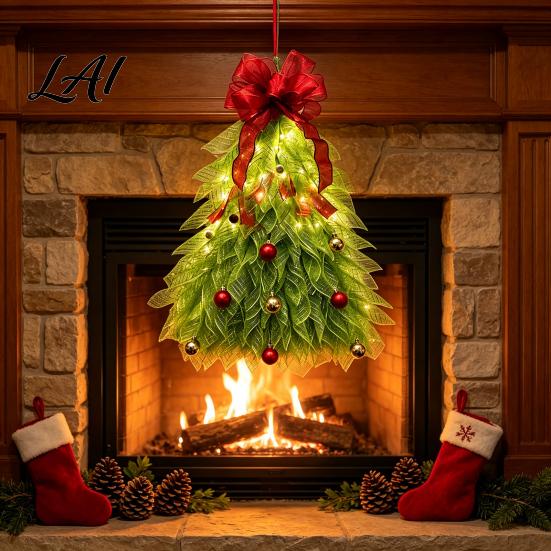Christmas Tree Door Hanger Handmade Wreath for Front Door Xmas Shaped Teardrop Swag Holiday Decor with Light Hanging Bow And Berries Home Wall Gift