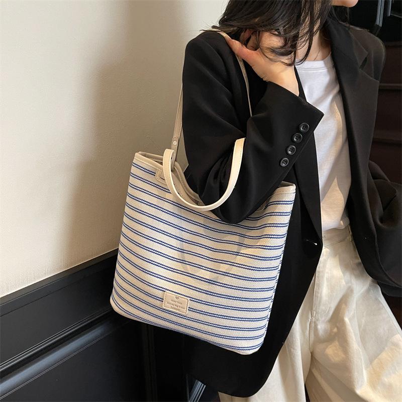 Casual Striped Canvas Bag Ladies 2025 Fashion Casual Simple Shoulder Large Capacity Work Handbag Commuter Bag
