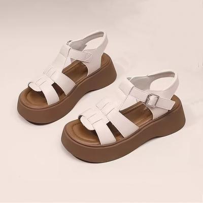 Real Soft Leather Foreign Trade Platform Shoes Roman Sandals Women's Muffin Bottom Hollowed Out Non-slip Soft Sole Word Casual Beach Shoes Women