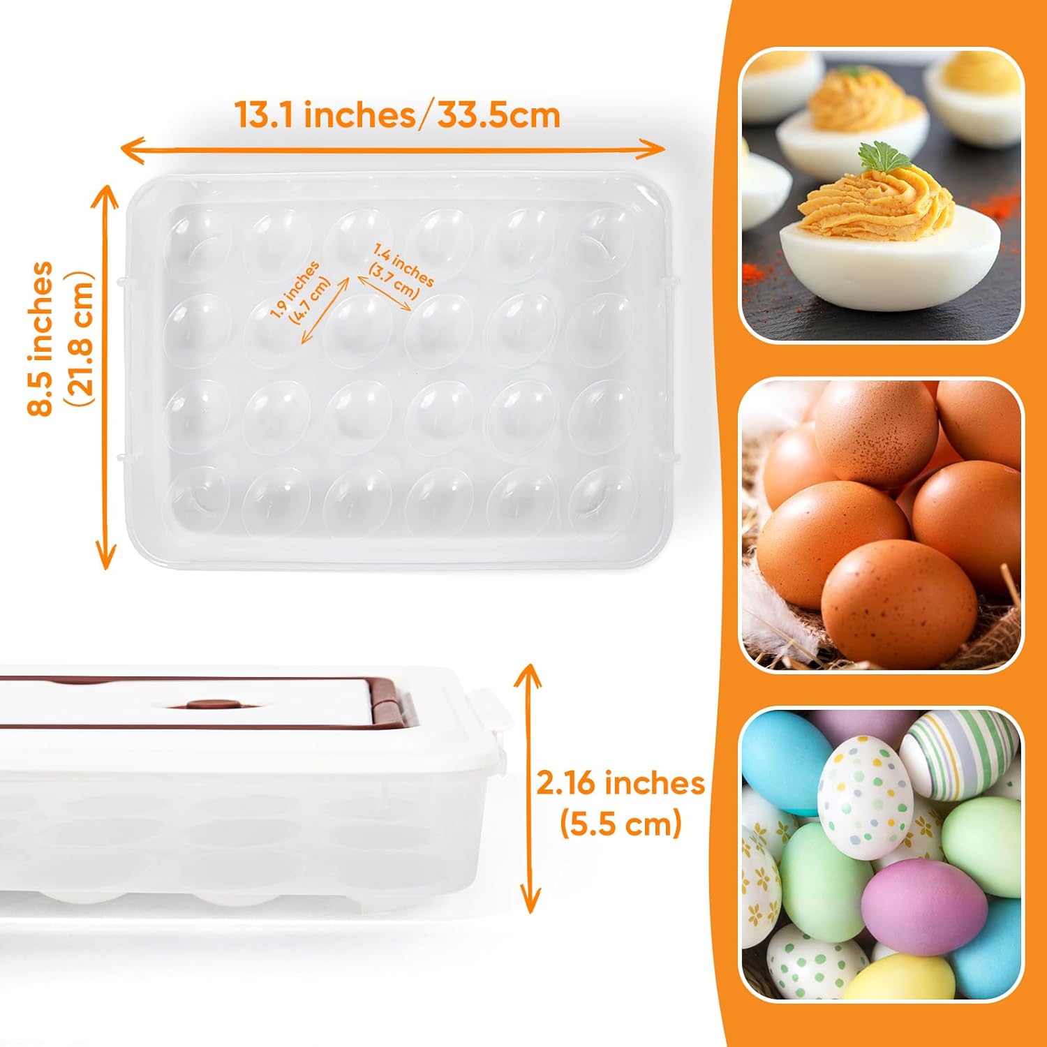 Deviled Egg Containers with Lid, (Set of 2), Plastic Deviled Egg Tray Carrier with Handle for 48 Eggs, Clear Storage Egg Platter for Devil Egg,