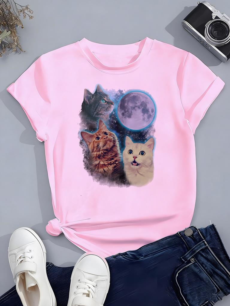 Cat with Moon Design T Shirts Manga Kids Children's T-shirt Boys Girls Summer Spring Casual Top Tee