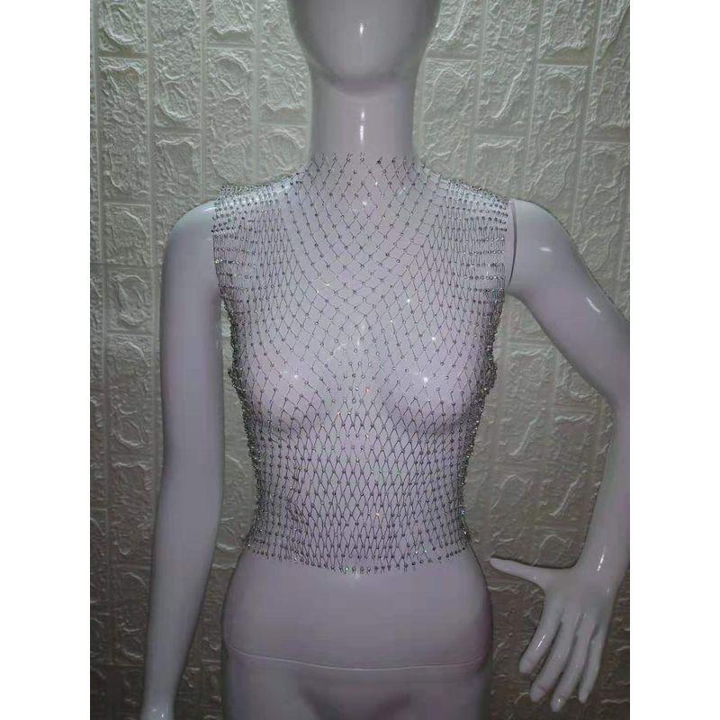 Mesh Rhinestone Top Sleeveless Vest V Neck T-shirt
