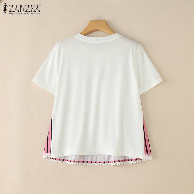 ZANZEA Women Casual Round Neck Stripe Patchwork Summer Short Sleeve T-Shirts