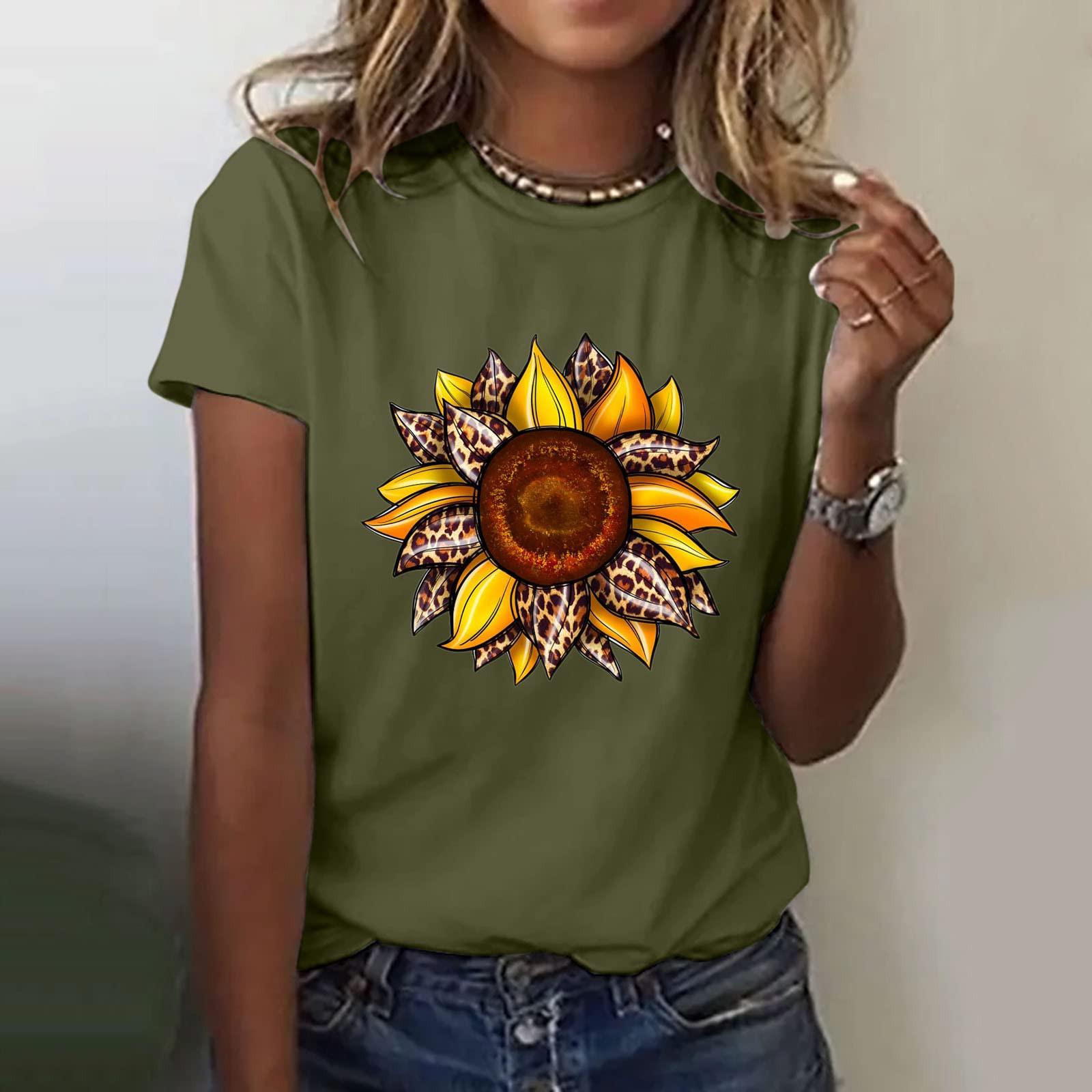 

Sunflower Ladies Cute Print Short Sleeve Round Neck Front Shoulder Vintage Short Sleeve Summer Loose Shirt Top L армія зелений колір