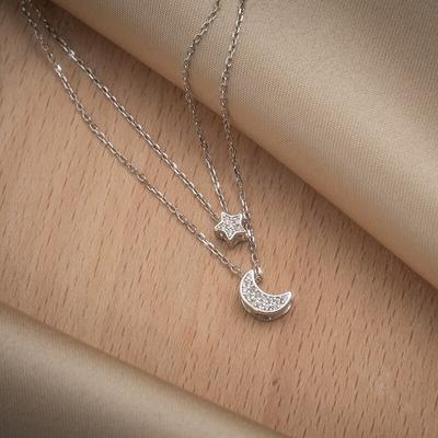 925 Sterling Silver Double Layer Moon Star Necklace for Women Elegant Shiny CZ Clavicle Chain Necklace Jewelry S-N233