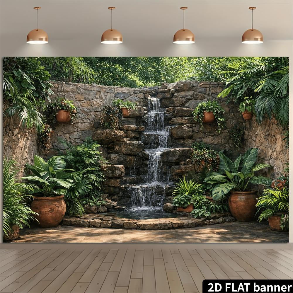 2D layered stone waterfall background with green plants and pottery jars natural forest aesthetic fern wall panel for weddings