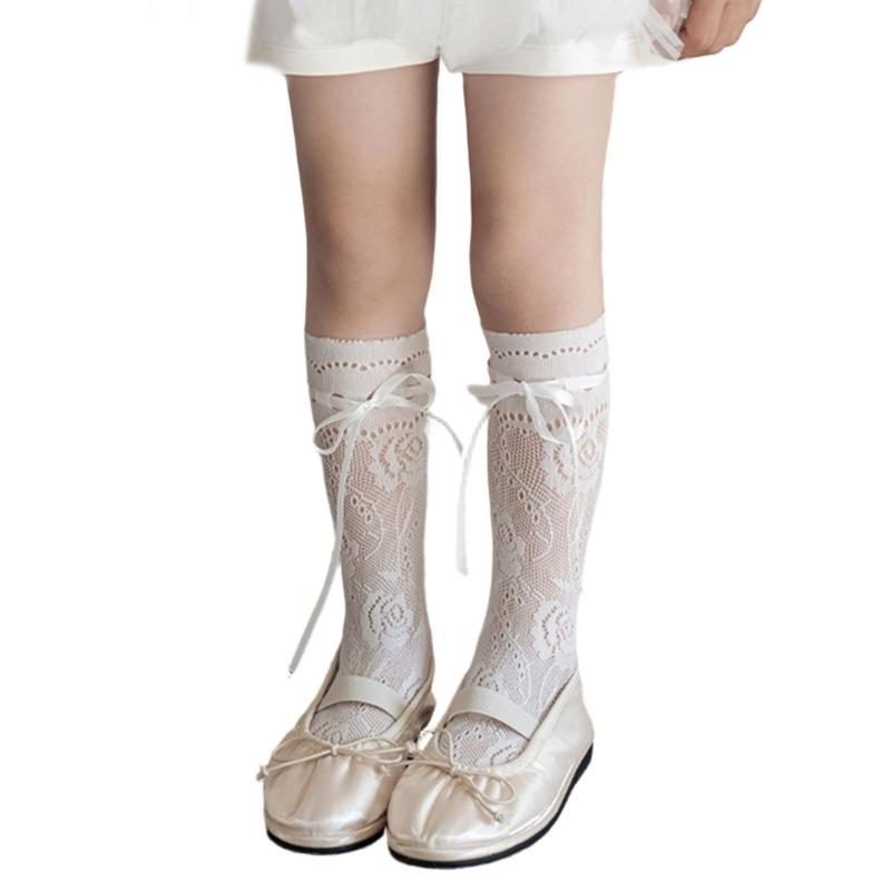 

Pair Adorable Lace Trimmed Stacked Crew Socks with Adjustable Bows Ties Inspires Knees High Socks for Little Girls белый