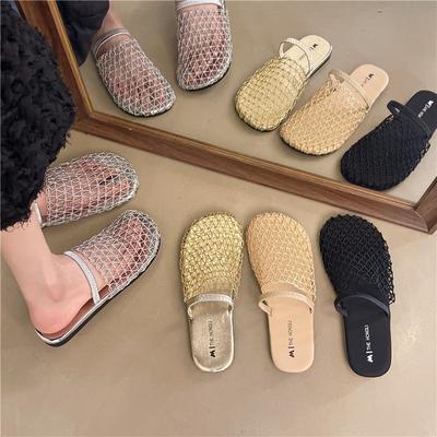 Temperament French Slippers Korean Version of Muller 2025 Summer New Hollow Mesh Bag Head Half Slippers Breathable Lazy Cool