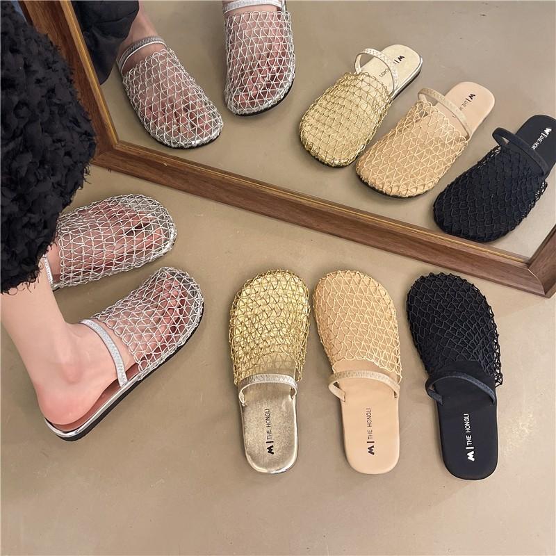 Temperament French Slippers Korean Version of Muller 2025 Summer New Hollow Mesh Bag Head Half Slippers Breathable Lazy Cool