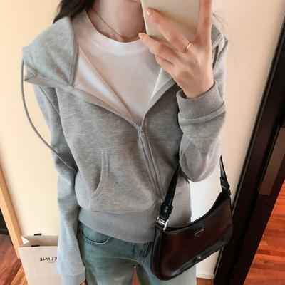 Designed Gray Hooded Short Sweatshirt Jacket Women's Autumn and Winter New Ins Small Waist Short Top
