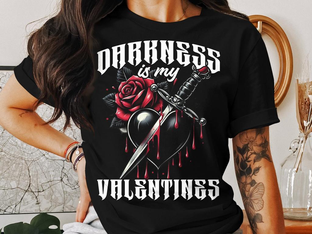 Darkness is my Valentines Shirt, Gothic Valentines T-Shirt, Gothic Horror Tee, Goth Girl Apparel, Occult Heart and Dagger Design