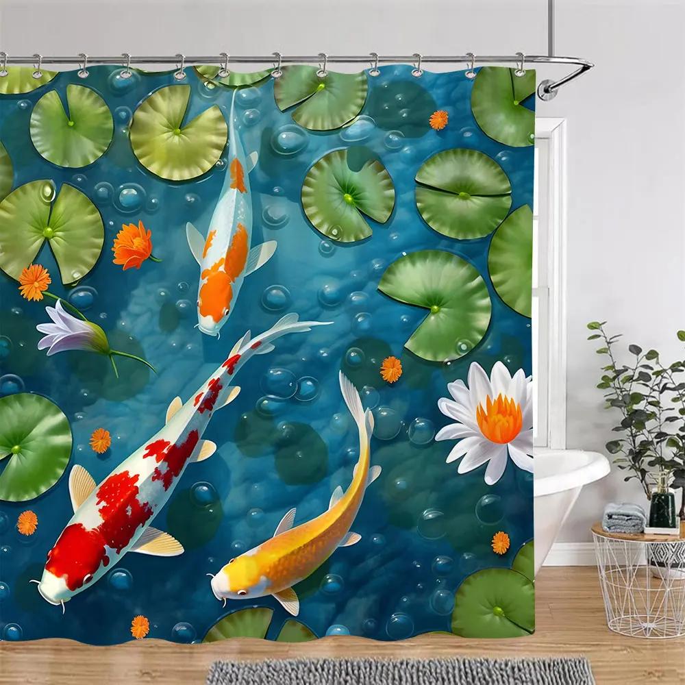 Japanese Style Shower Curtain Koi Fish Cherry Blossom Sun Sea Wave Octopus Landscape Polyester Fabric Curtains Bathroom Decor