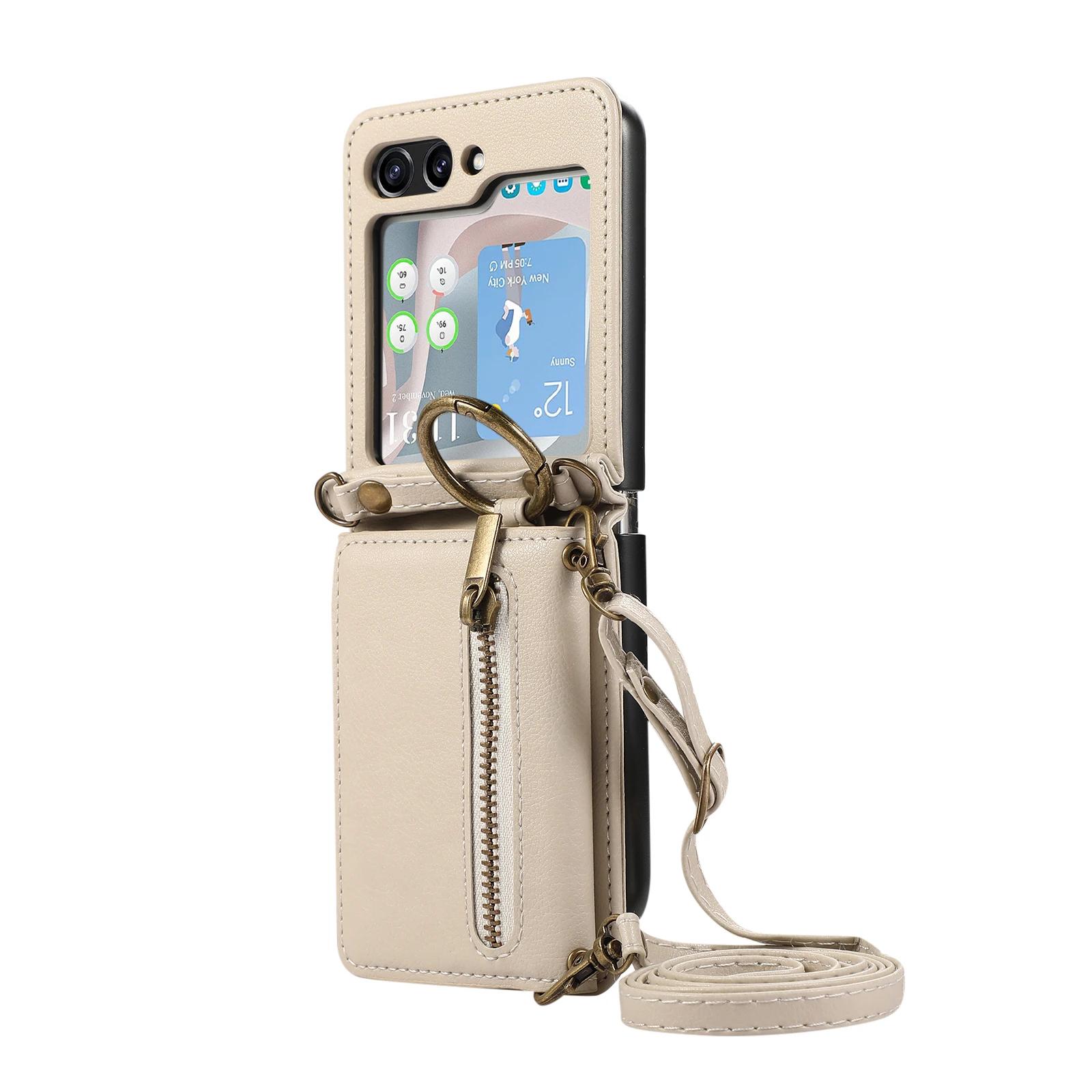 

Чехол-молния с кольцом через плечо для телефона Samsung Galaxy Z Flip 6 5 4 3 Flip 6 Flip 5 Flip 4 Flip 3 5G с чехлом-кошельком и держателем для карт For Galaxy Z Flip 5 белый